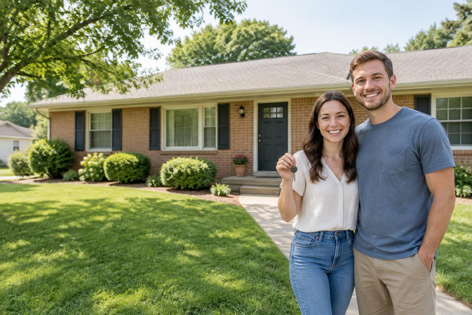 Illustration of first-time buyers outside a Missouri-style starter home